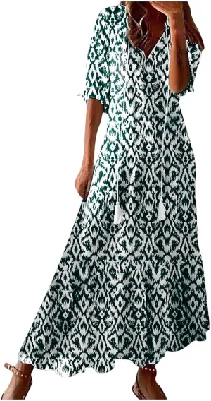 Summer Dresses for Women 2025 Floral Half Sleeve V Neck Maxi Dress Flowy Boho Beach Dresses Vacation Long Casual Dress