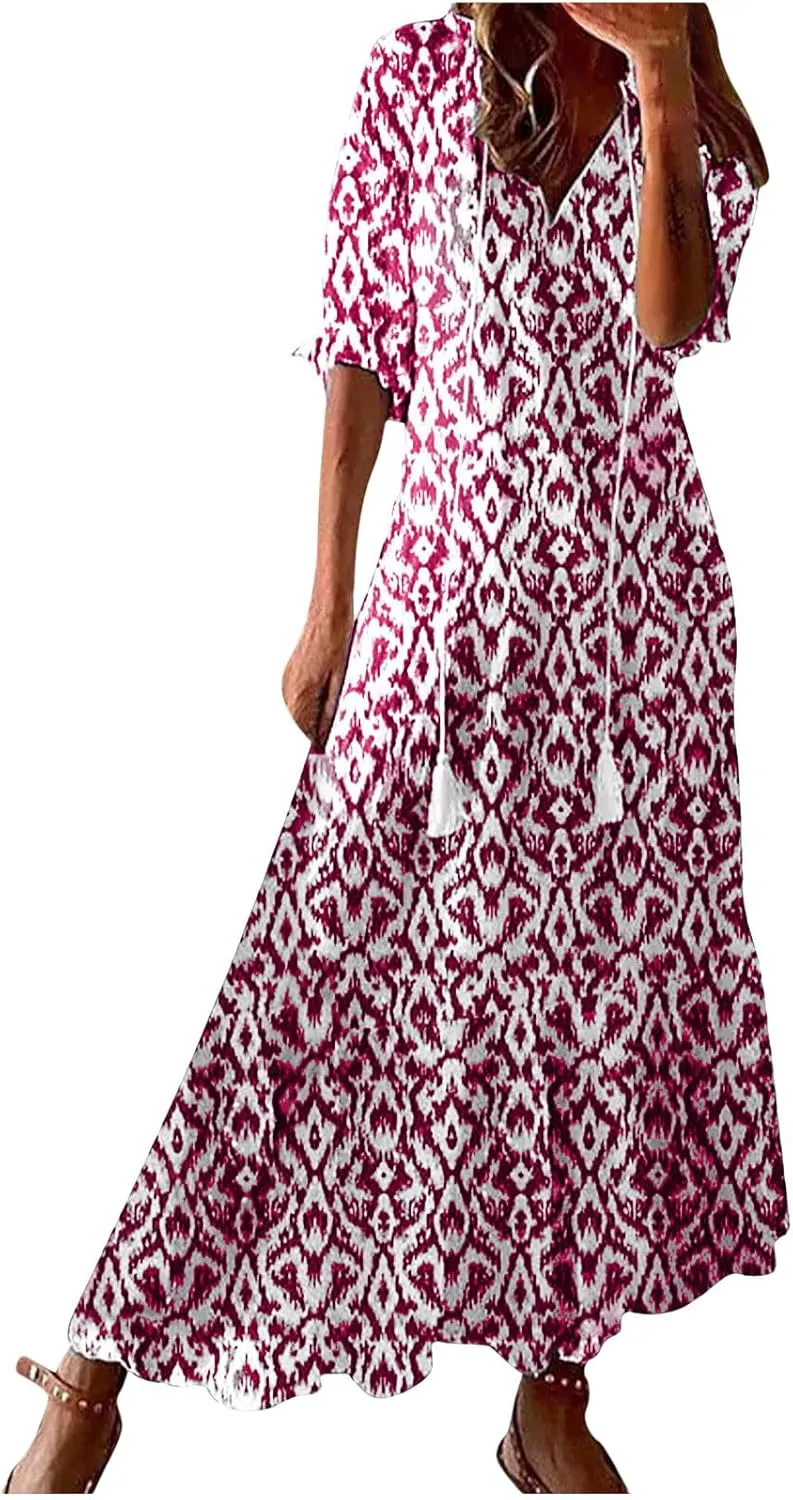 Summer Dresses for Women 2025 Floral Half Sleeve V Neck Maxi Dress Flowy Boho Beach Dresses Vacation Long Casual Dress
