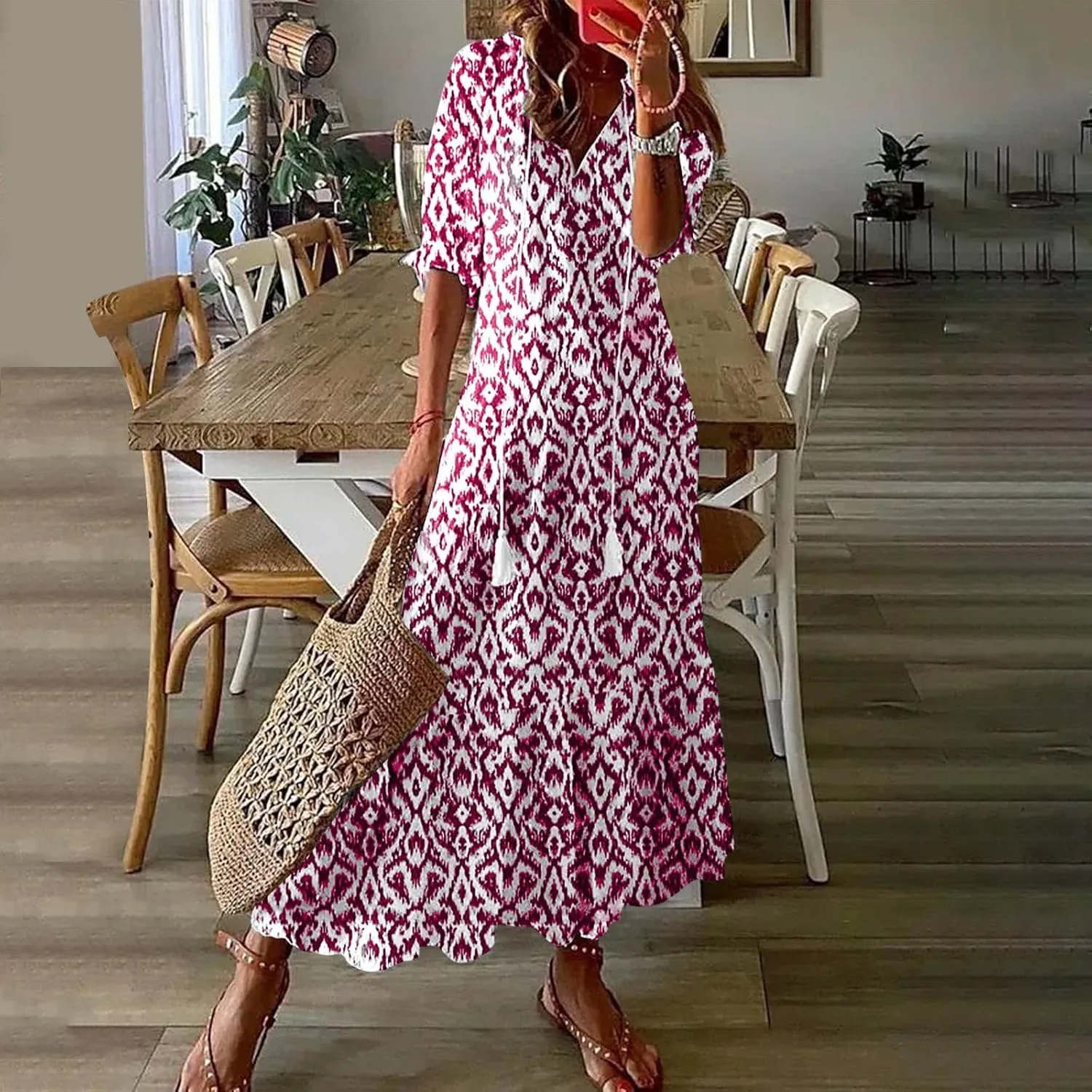 Summer Dresses for Women 2025 Floral Half Sleeve V Neck Maxi Dress Flowy Boho Beach Dresses Vacation Long Casual Dress