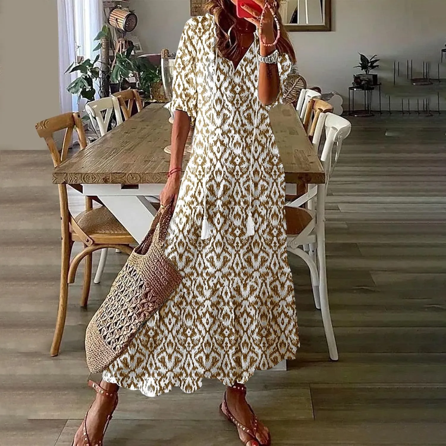 Summer Dresses for Women 2025 Floral Half Sleeve V Neck Maxi Dress Flowy Boho Beach Dresses Vacation Long Casual Dress