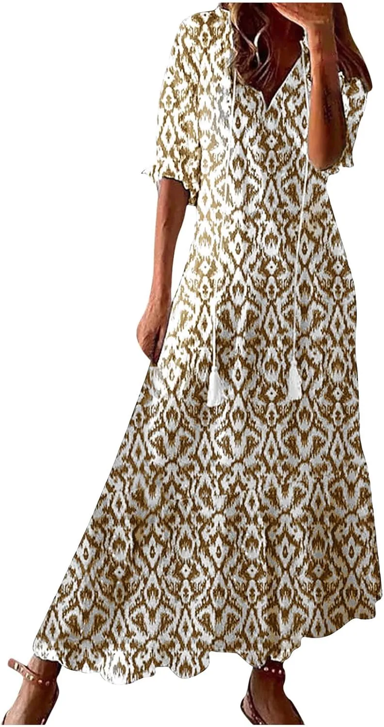 Summer Dresses for Women 2025 Floral Half Sleeve V Neck Maxi Dress Flowy Boho Beach Dresses Vacation Long Casual Dress