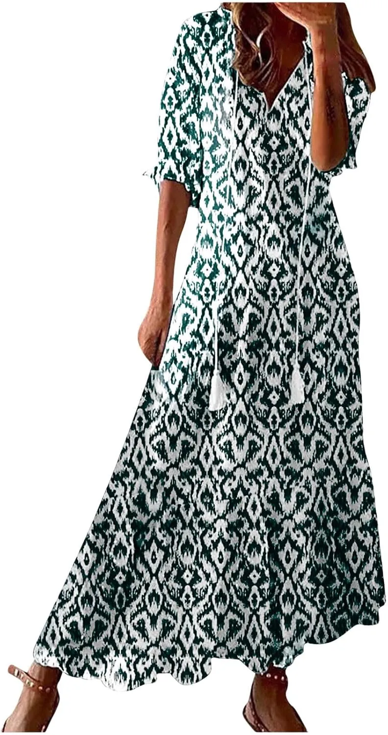 Summer Dresses for Women 2025 Floral Half Sleeve V Neck Maxi Dress Flowy Boho Beach Dresses Vacation Long Casual Dress