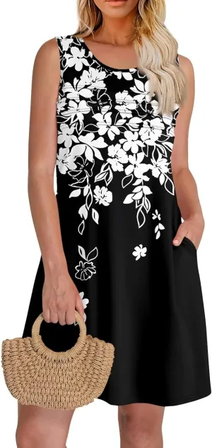 Summer Dresses for Women 2025 Floral Loose T Shirt Dresses V Neck Casual Pleated Front Tank Dress Sleeveless Sundresses