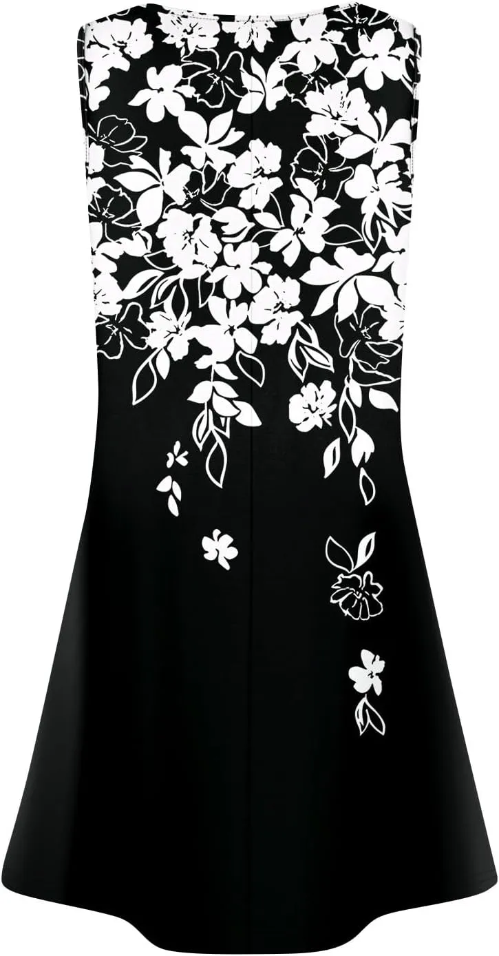 Summer Dresses for Women 2025 Floral Loose T Shirt Dresses V Neck Casual Pleated Front Tank Dress Sleeveless Sundresses