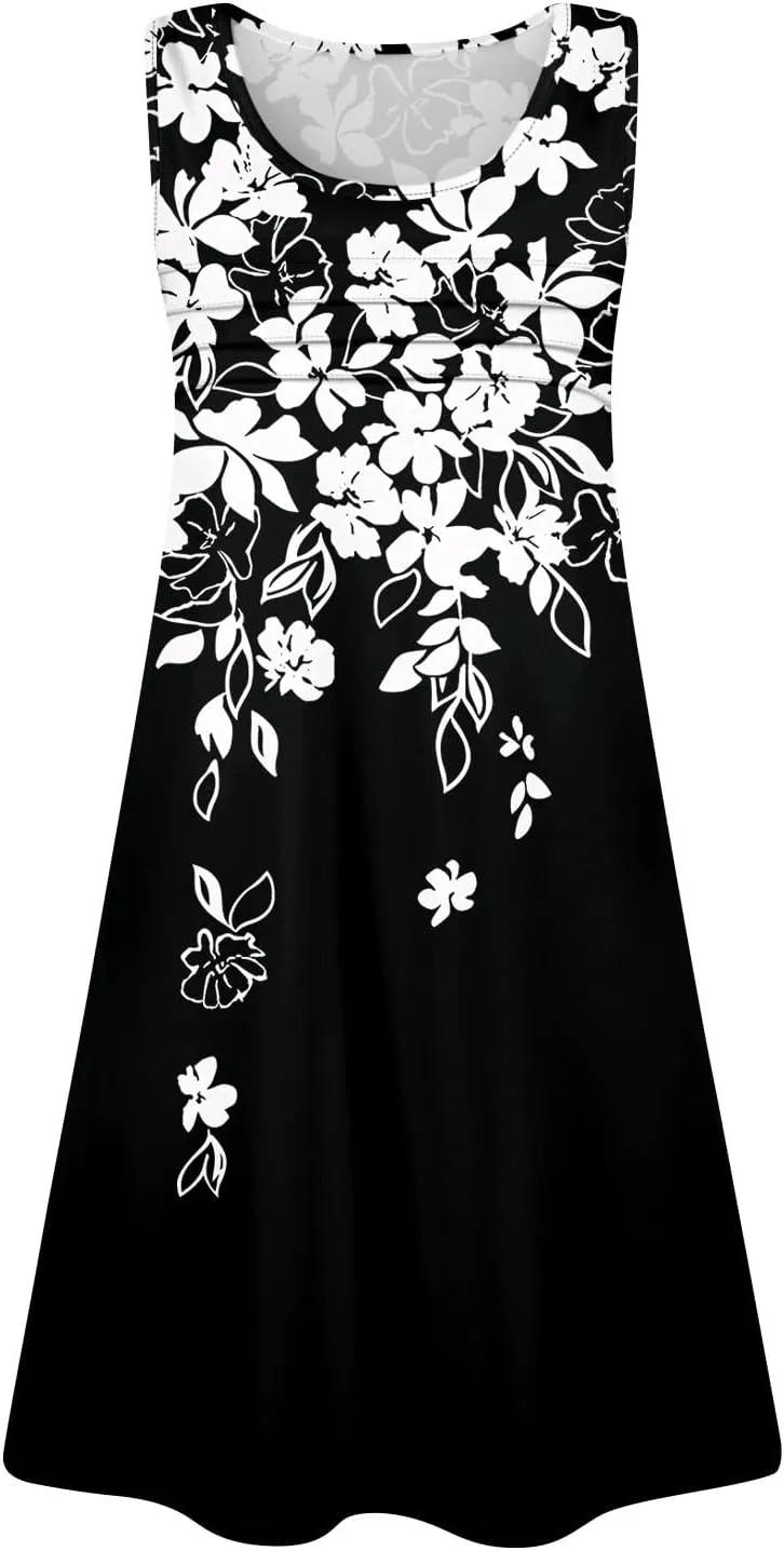 Summer Dresses for Women 2025 Floral Loose T Shirt Dresses V Neck Casual Pleated Front Tank Dress Sleeveless Sundresses