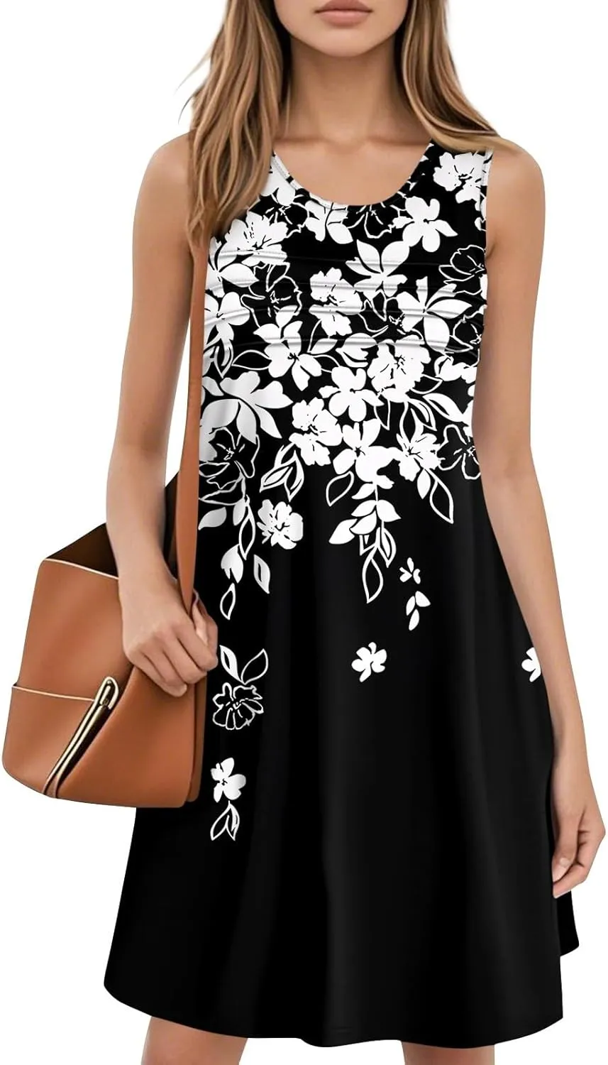 Summer Dresses for Women 2025 Floral Loose T Shirt Dresses V Neck Casual Pleated Front Tank Dress Sleeveless Sundresses