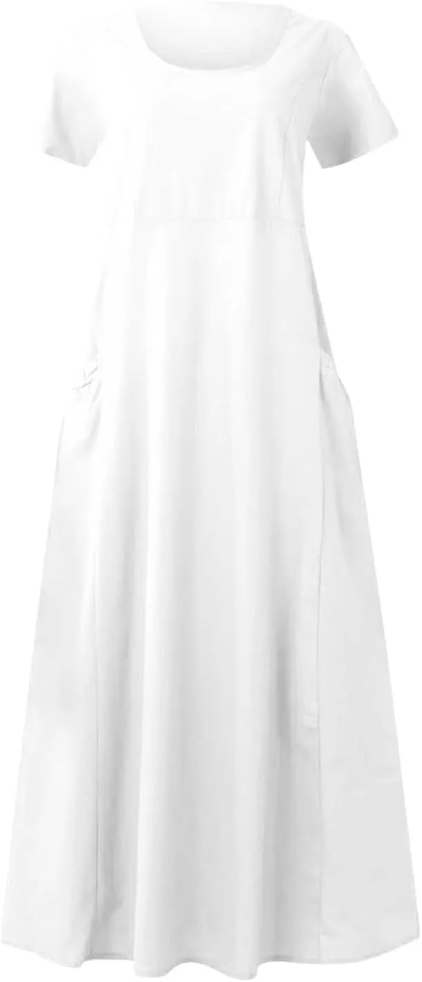 Summer Dresses for Women 2025 Flowy Cotton Linen Tshirt Dress Beach Vacation Maxi Short Sleeve Sundress with Pockets