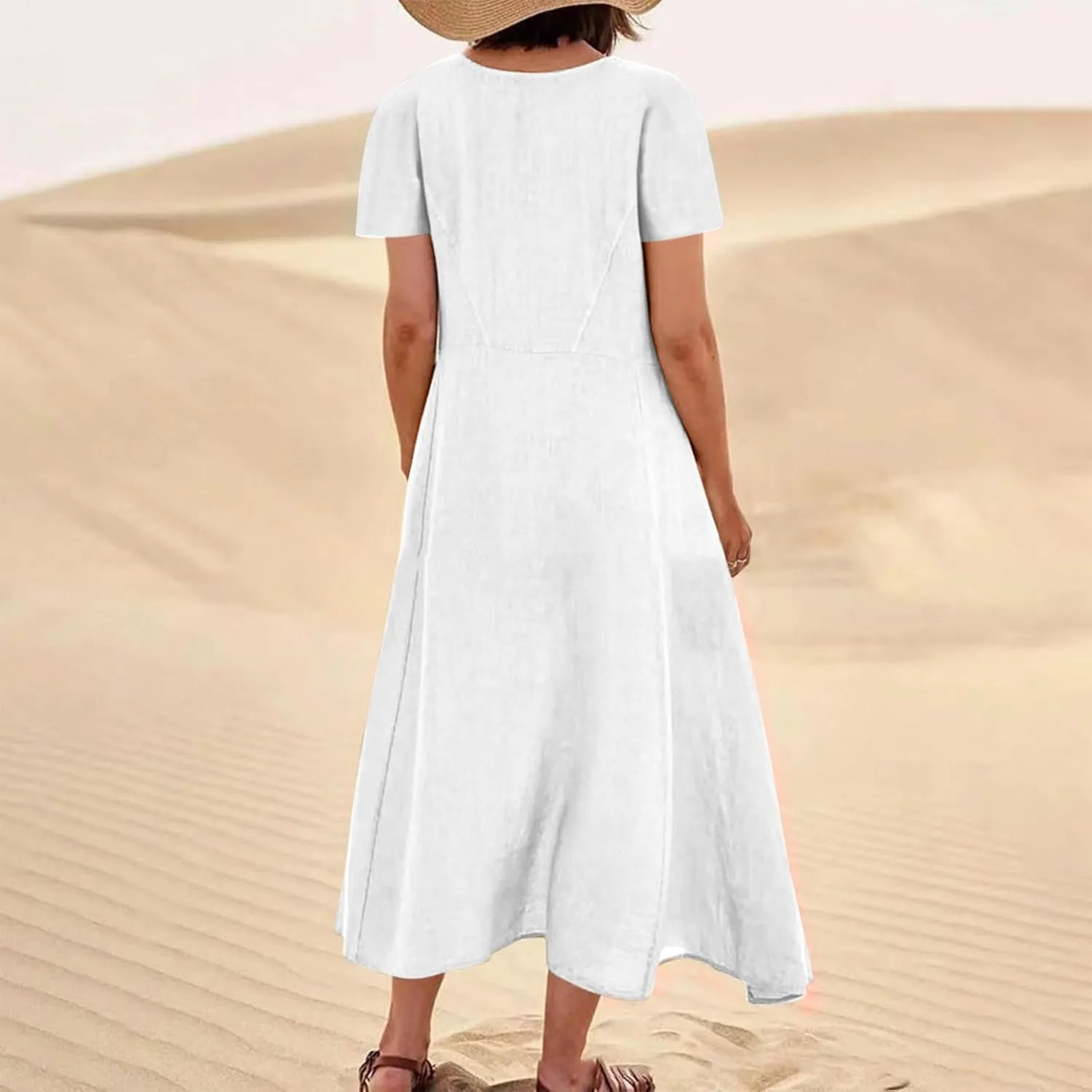 Summer Dresses for Women 2025 Flowy Cotton Linen Tshirt Dress Beach Vacation Maxi Short Sleeve Sundress with Pockets