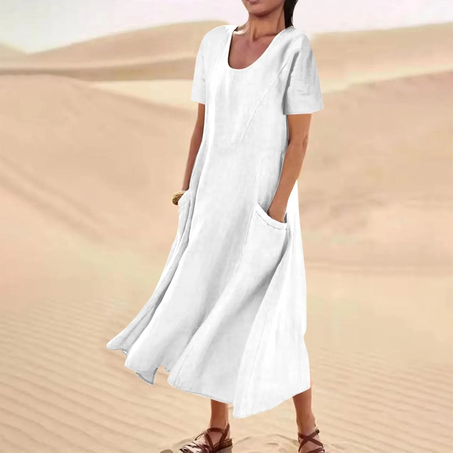 Summer Dresses for Women 2025 Flowy Cotton Linen Tshirt Dress Beach Vacation Maxi Short Sleeve Sundress with Pockets
