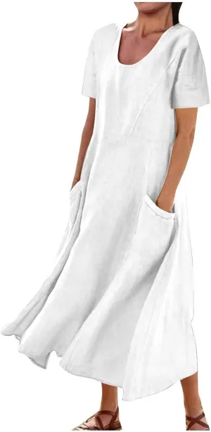 Summer Dresses for Women 2025 Flowy Cotton Linen Tshirt Dress Beach Vacation Maxi Short Sleeve Sundress with Pockets