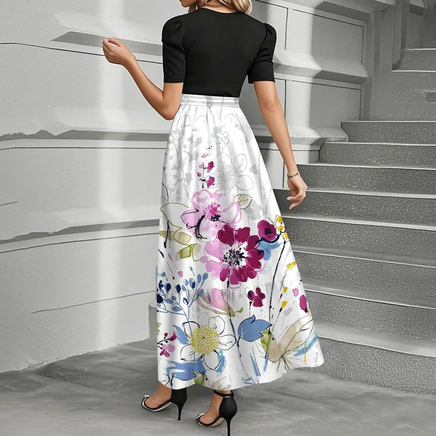 Summer Dresses for Women 2025 Flowy Floral Maxi Dress Short Sleeve Long Sundress Patchwork Ruffle Hem a Line Dress