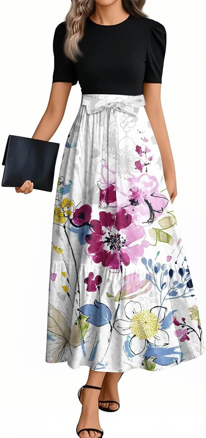 Summer Dresses for Women 2025 Flowy Floral Maxi Dress Short Sleeve Long Sundress Patchwork Ruffle Hem a Line Dress