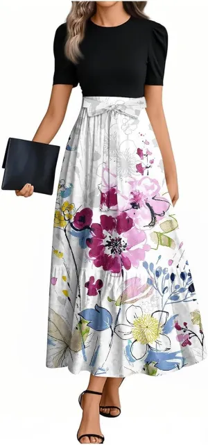 Summer Dresses for Women 2025 Flowy Floral Maxi Dress Short Sleeve Long Sundress Patchwork Ruffle Hem a Line Dress