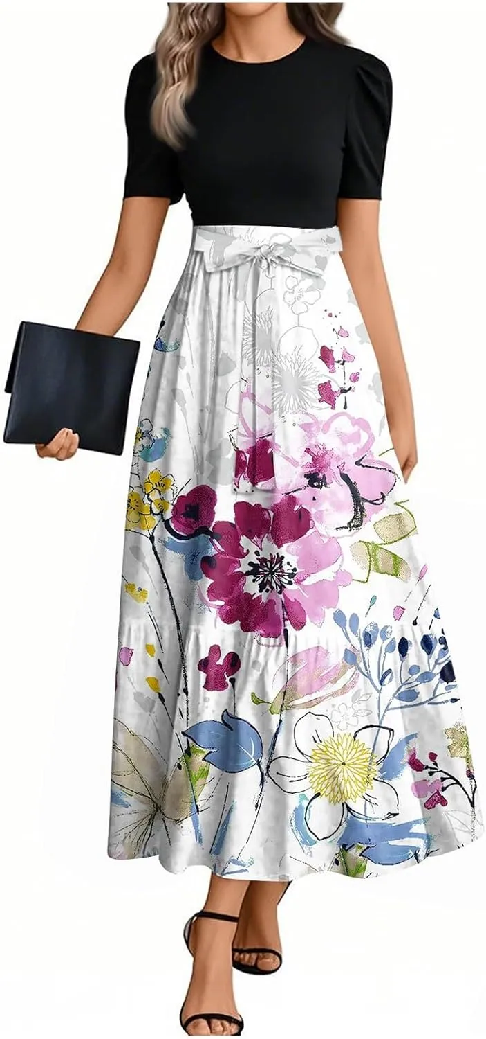 Summer Dresses for Women 2025 Flowy Floral Maxi Dress Short Sleeve Long Sundress Patchwork Ruffle Hem a Line Dress