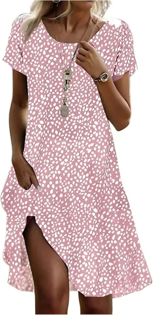 Summer Dresses for Women 2025 Loose Crewneck Short Sleeve Casual T Shirt Dress Flowy Sundresses Swimsuit Coverup