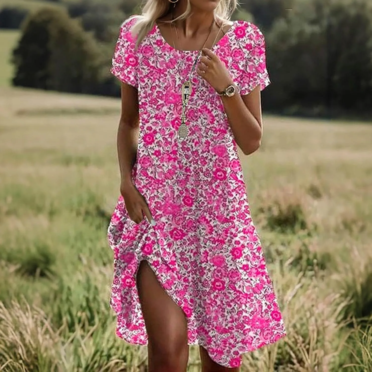 Summer Dresses for Women 2025 Loose Crewneck Short Sleeve Casual T Shirt Dress Flowy Sundresses Swimsuit Coverup