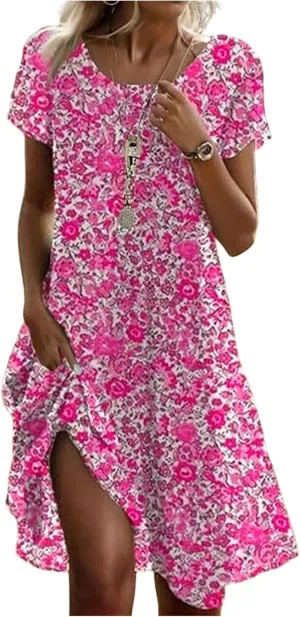 Summer Dresses for Women 2025 Loose Crewneck Short Sleeve Casual T Shirt Dress Flowy Sundresses Swimsuit Coverup