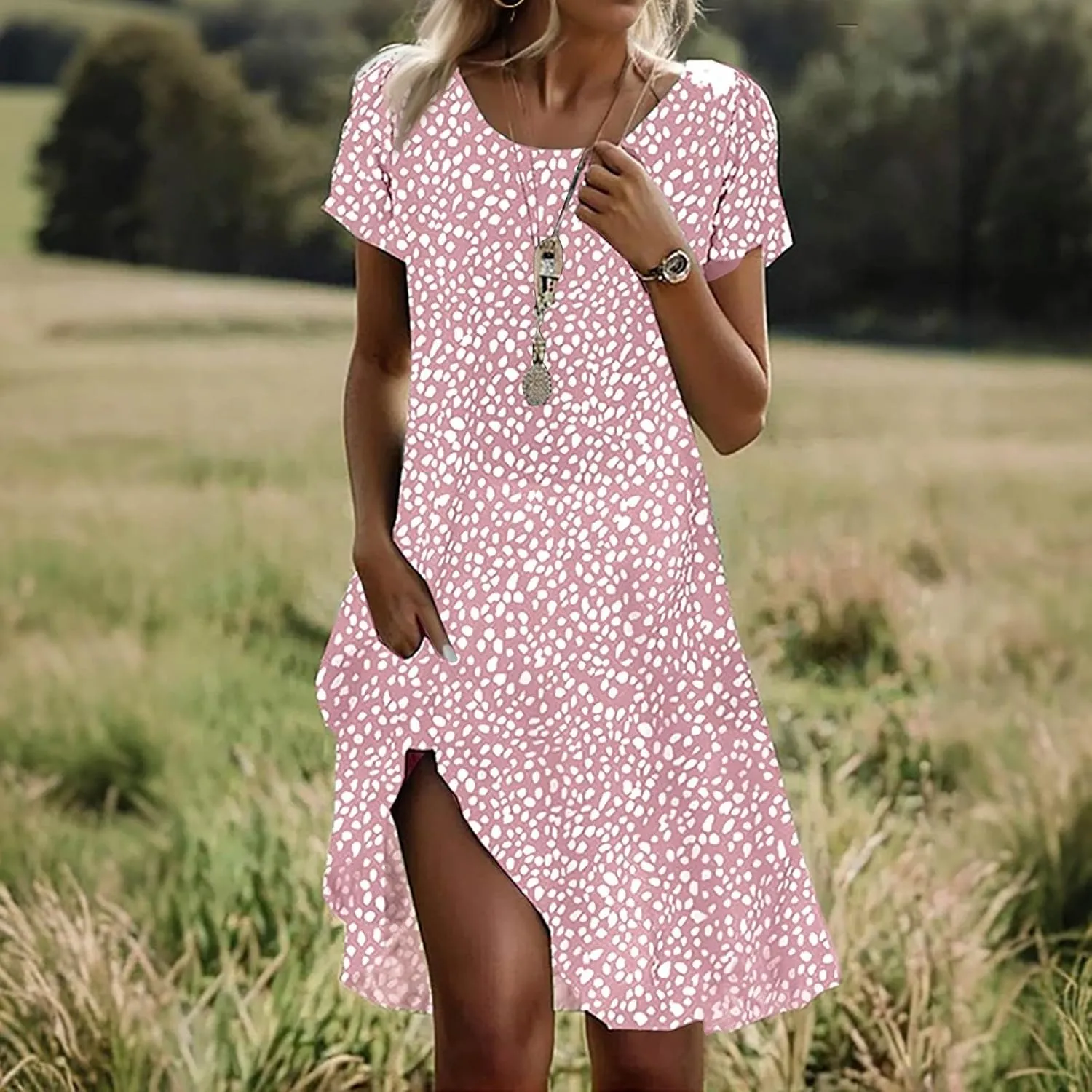 Summer Dresses for Women 2025 Loose Crewneck Short Sleeve Casual T Shirt Dress Flowy Sundresses Swimsuit Coverup