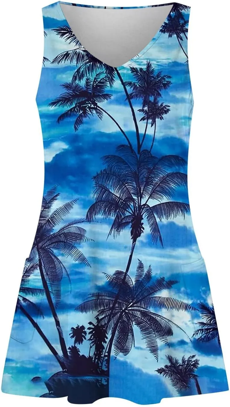 Summer Dresses for Women 2025 Loose V Neck Sleeveless Sundresses Hawaiian Tank Dress Swimsuit Coverup with Pockets