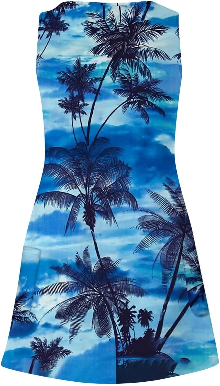 Summer Dresses for Women 2025 Loose V Neck Sleeveless Sundresses Hawaiian Tank Dress Swimsuit Coverup with Pockets