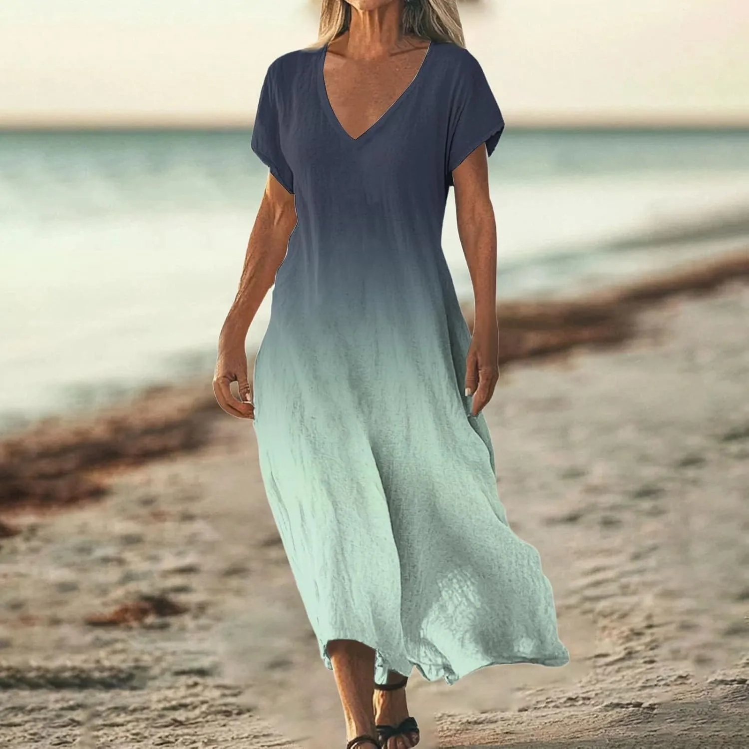 Summer Dresses for Women 2025 Short Sleeve V Neck Casual Loose Dresses Bohemian Floral Print Sundress