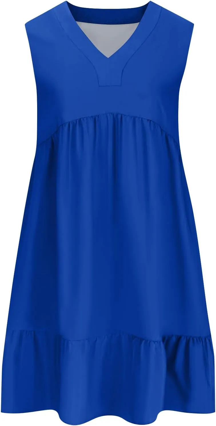 Summer Dresses for Women 2025 V Neck Sleeveless Boho Tiered Ruffle Dress Casual Flowy Flattering Beach Mini Sundress