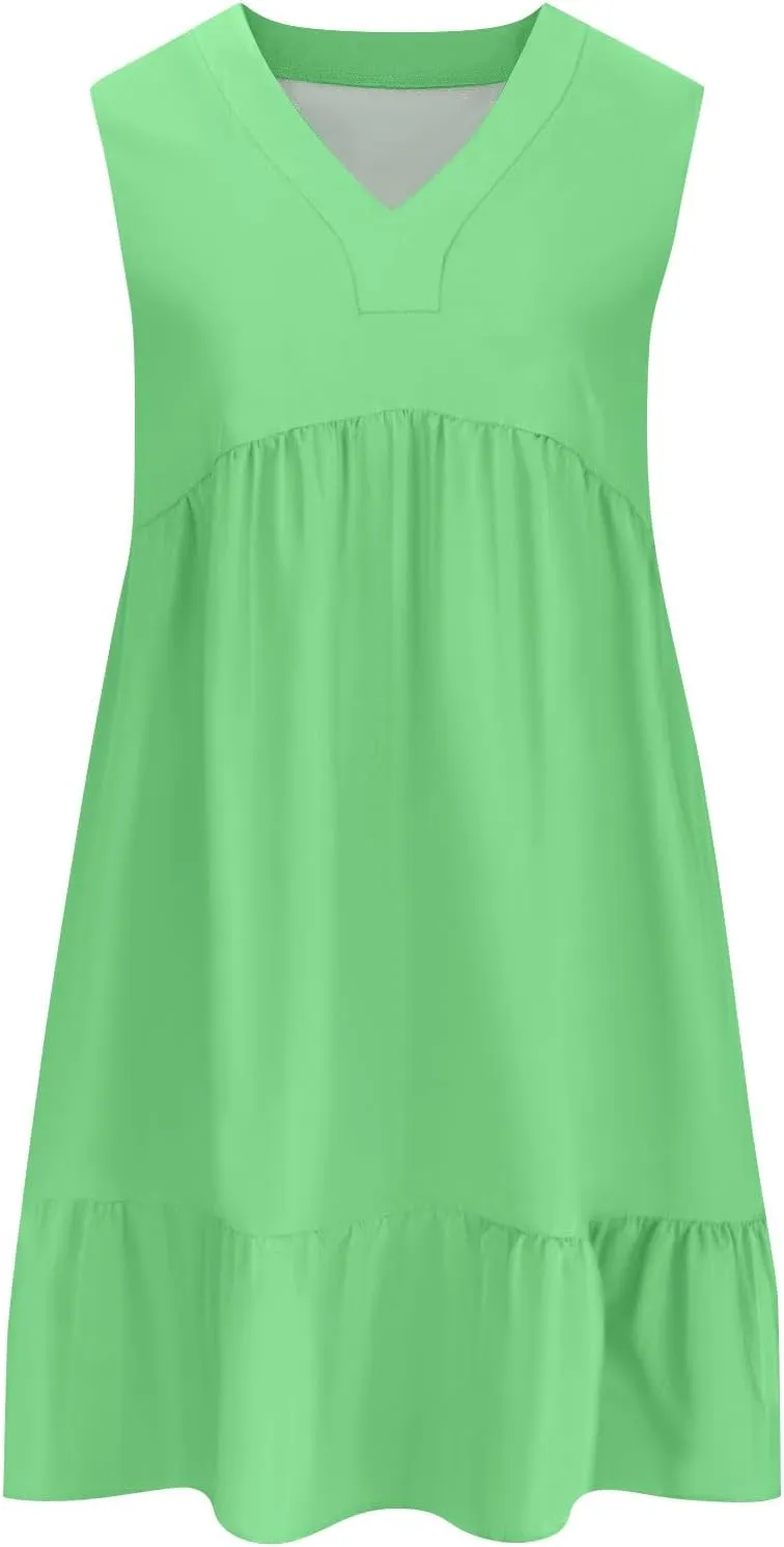 Summer Dresses for Women 2025 V Neck Sleeveless Boho Tiered Ruffle Dress Casual Flowy Flattering Beach Mini Sundress