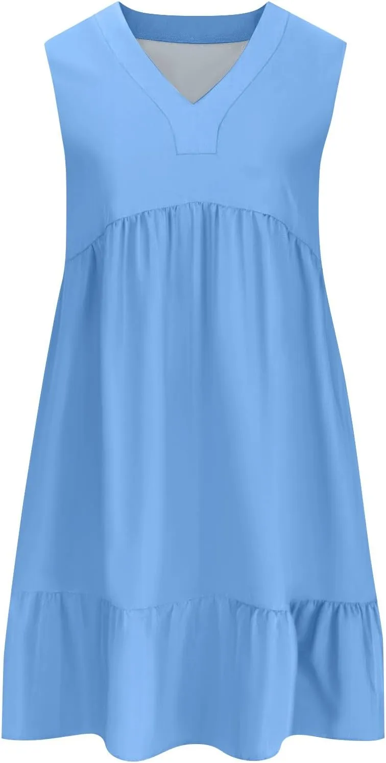 Summer Dresses for Women 2025 V Neck Sleeveless Boho Tiered Ruffle Dress Casual Flowy Flattering Beach Mini Sundress
