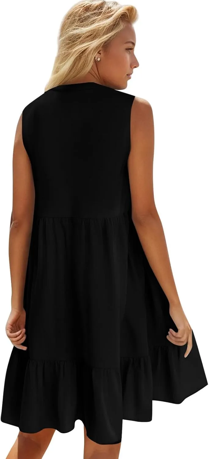Summer Dresses for Women 2025 V Neck Sleeveless Boho Tiered Ruffle Dress Casual Flowy Flattering Beach Mini Sundress