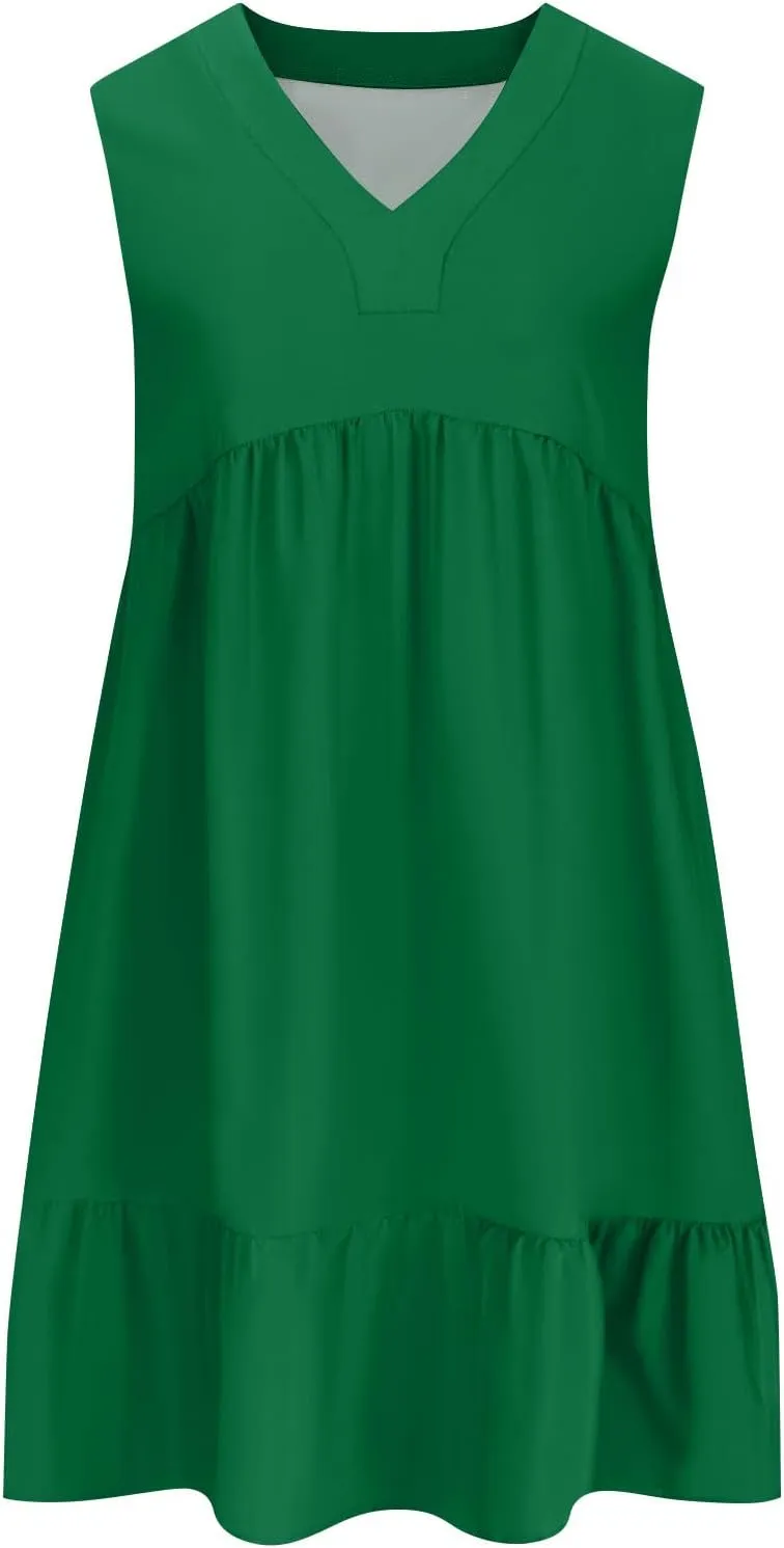 Summer Dresses for Women 2025 V Neck Sleeveless Boho Tiered Ruffle Dress Casual Flowy Flattering Beach Mini Sundress