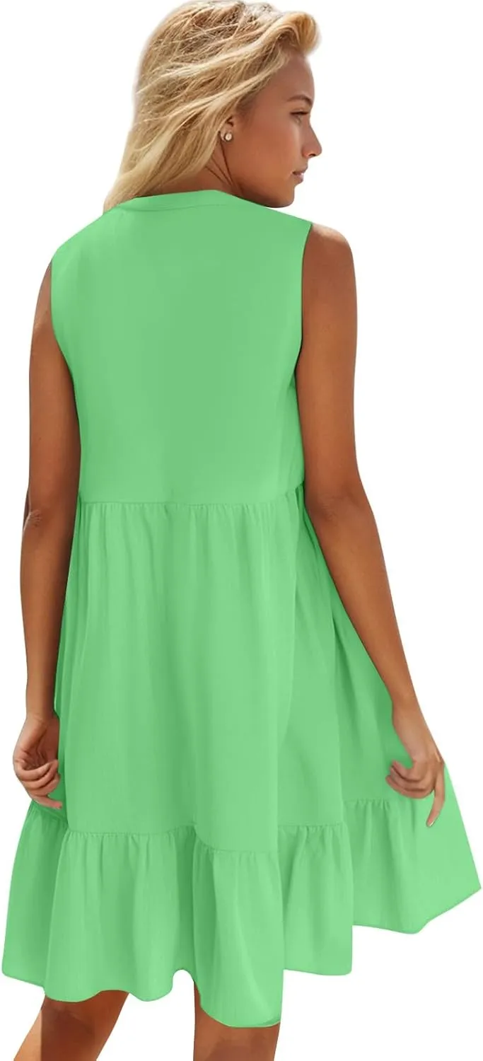 Summer Dresses for Women 2025 V Neck Sleeveless Boho Tiered Ruffle Dress Casual Flowy Flattering Beach Mini Sundress