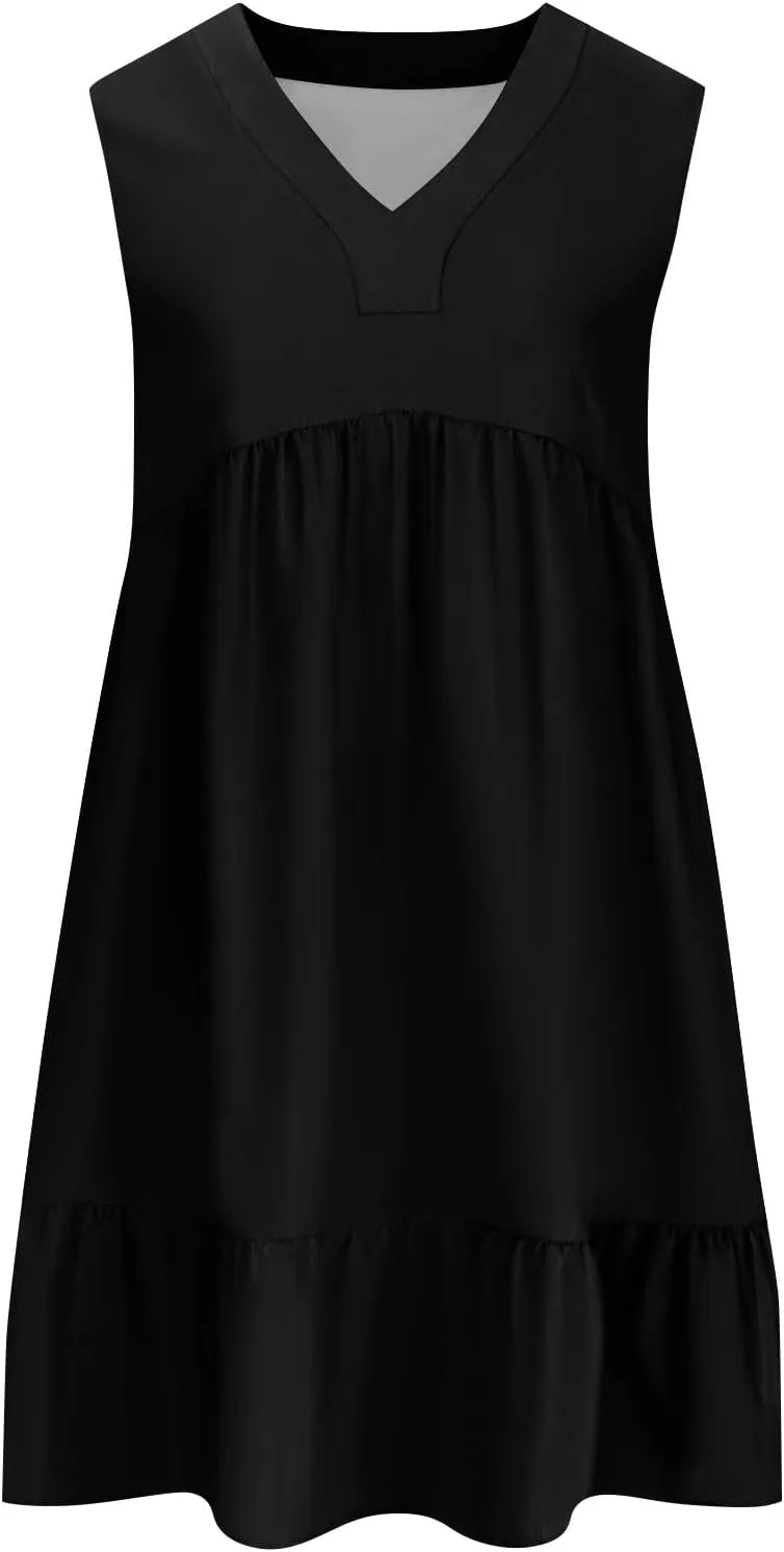 Summer Dresses for Women 2025 V Neck Sleeveless Boho Tiered Ruffle Dress Casual Flowy Flattering Beach Mini Sundress