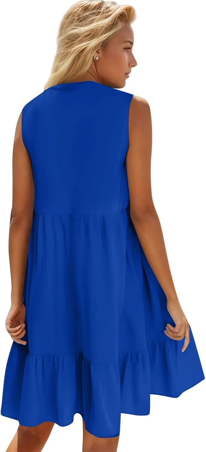 Summer Dresses for Women 2025 V Neck Sleeveless Boho Tiered Ruffle Dress Casual Flowy Flattering Beach Mini Sundress