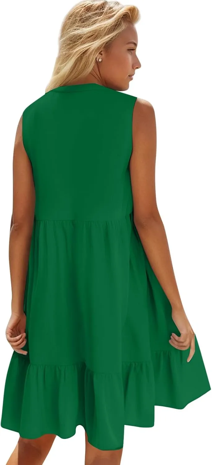 Summer Dresses for Women 2025 V Neck Sleeveless Boho Tiered Ruffle Dress Casual Flowy Flattering Beach Mini Sundress