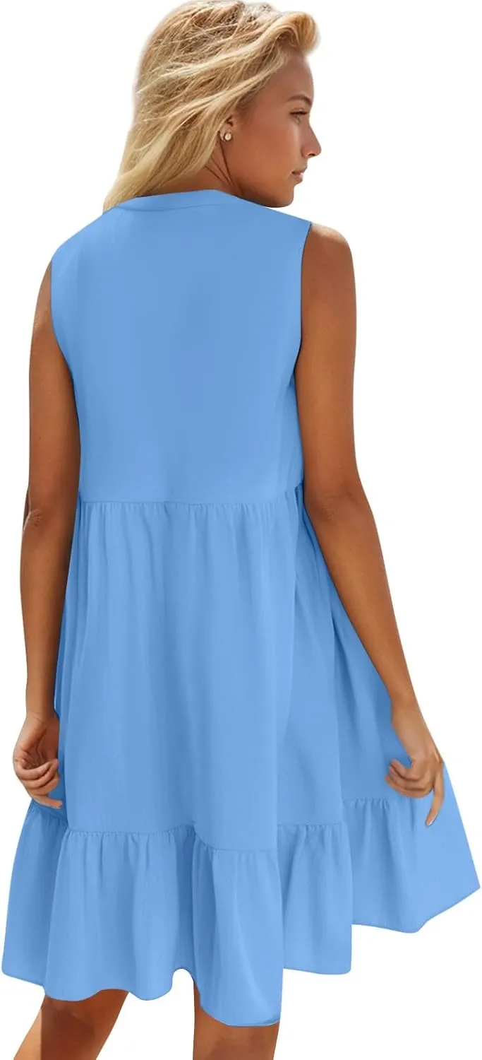 Summer Dresses for Women 2025 V Neck Sleeveless Boho Tiered Ruffle Dress Casual Flowy Flattering Beach Mini Sundress