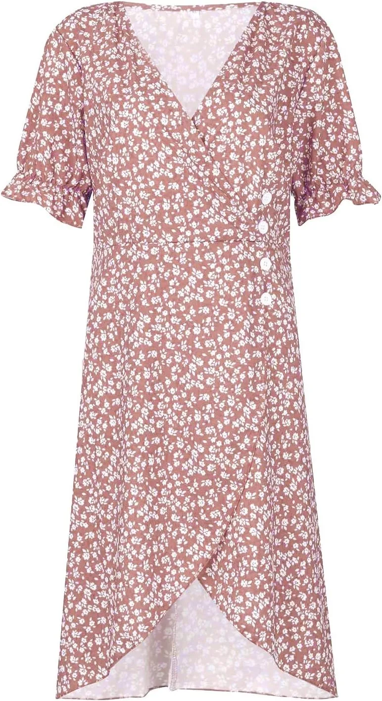 Summer Dresses for Women 2025 Vacation, Casual Side Button Up Boho Floral Dress Wrap V Neck Short Sleeve Midi Sun Dresses