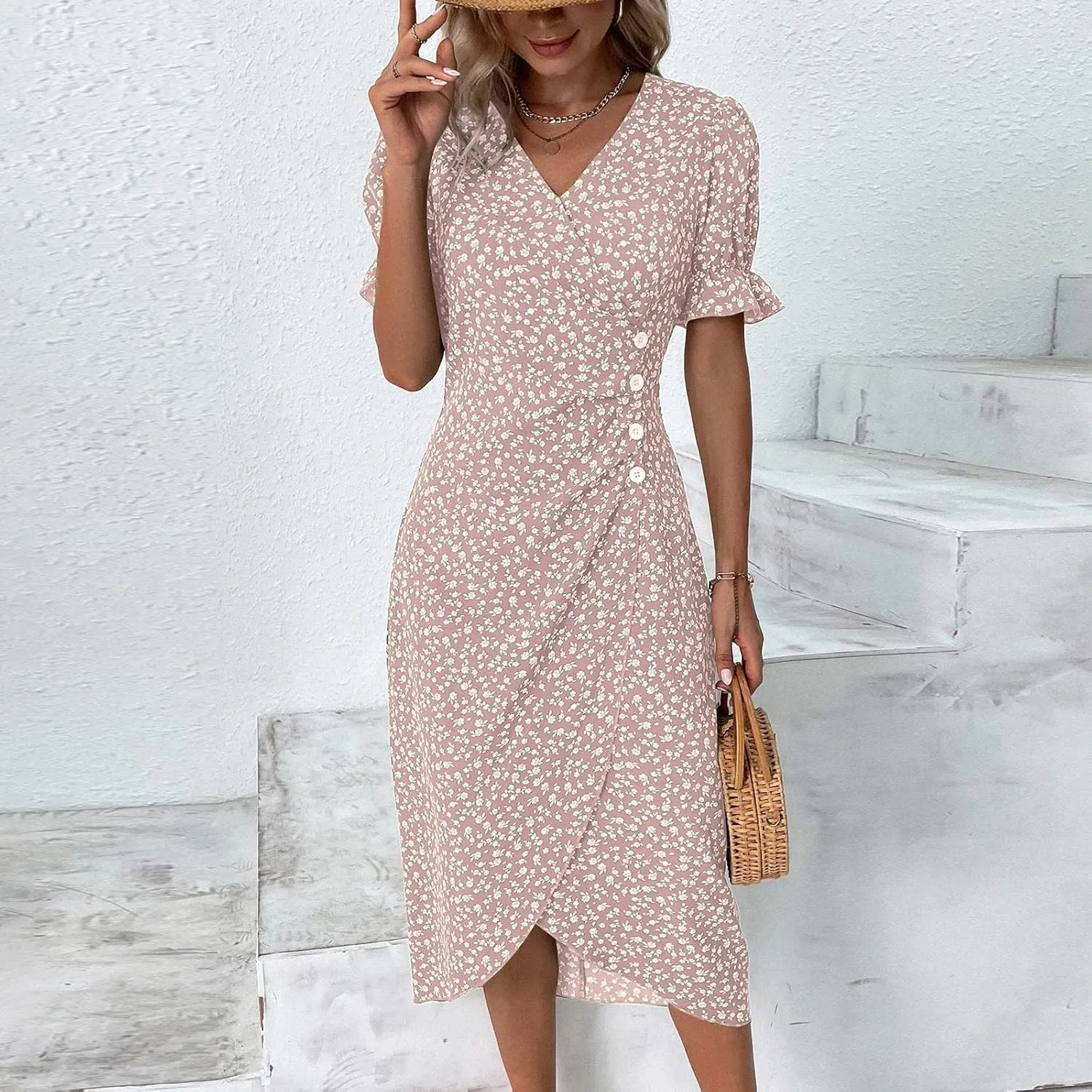Summer Dresses for Women 2025 Vacation, Casual Side Button Up Boho Floral Dress Wrap V Neck Short Sleeve Midi Sun Dresses
