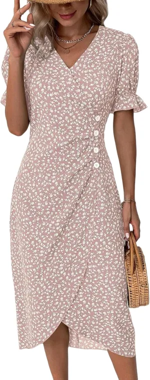 Summer Dresses for Women 2025 Vacation, Casual Side Button Up Boho Floral Dress Wrap V Neck Short Sleeve Midi Sun Dresses