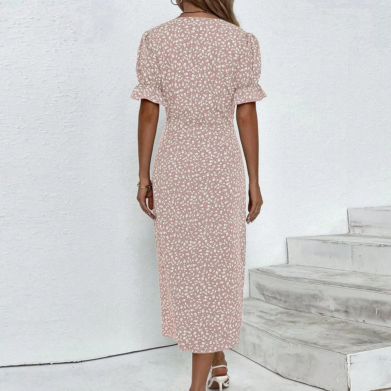 Summer Dresses for Women 2025 Vacation, Casual Side Button Up Boho Floral Dress Wrap V Neck Short Sleeve Midi Sun Dresses