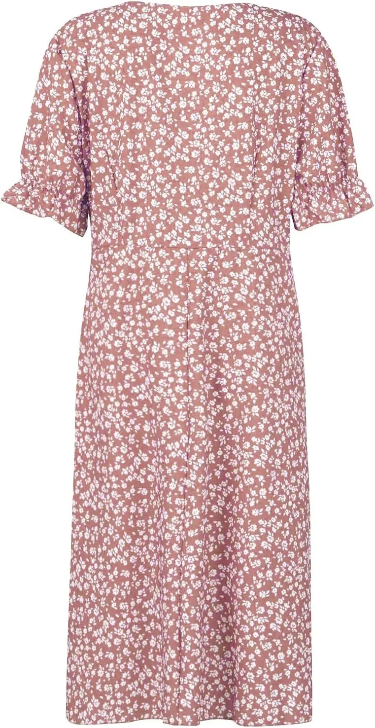 Summer Dresses for Women 2025 Vacation, Casual Side Button Up Boho Floral Dress Wrap V Neck Short Sleeve Midi Sun Dresses