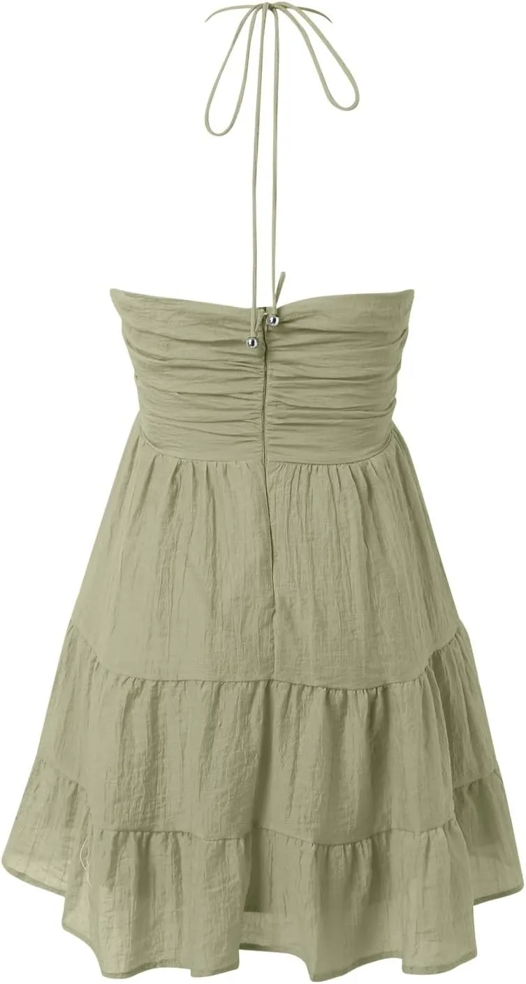 Summer Dresses for Women 2025, Women's Deep V Neck Halter Cutout Casual Mini Dress Ruffle Hem A Line Cute Party Club Dresses