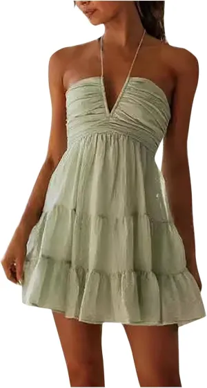 Summer Dresses for Women 2025, Women's Deep V Neck Halter Cutout Casual Mini Dress Ruffle Hem A Line Cute Party Club Dresses