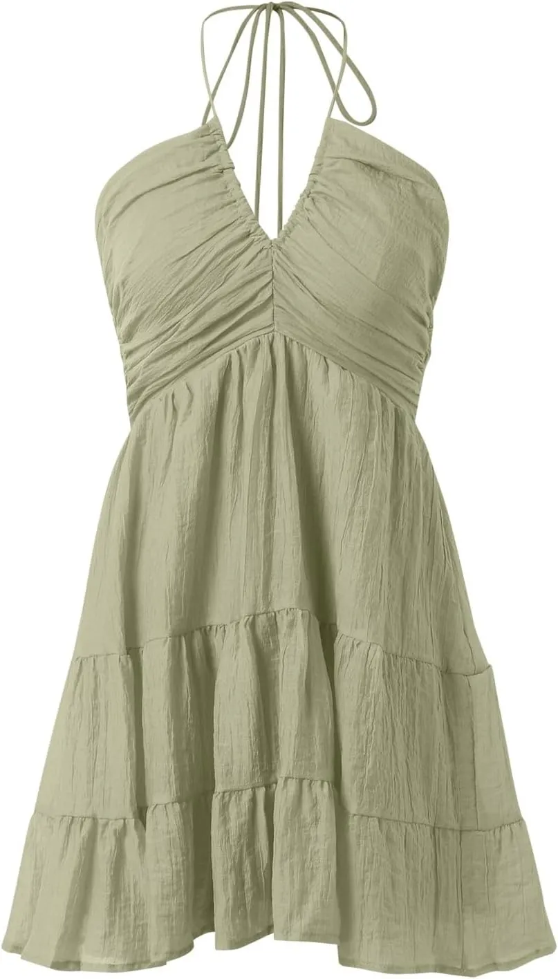 Summer Dresses for Women 2025, Women's Deep V Neck Halter Cutout Casual Mini Dress Ruffle Hem A Line Cute Party Club Dresses