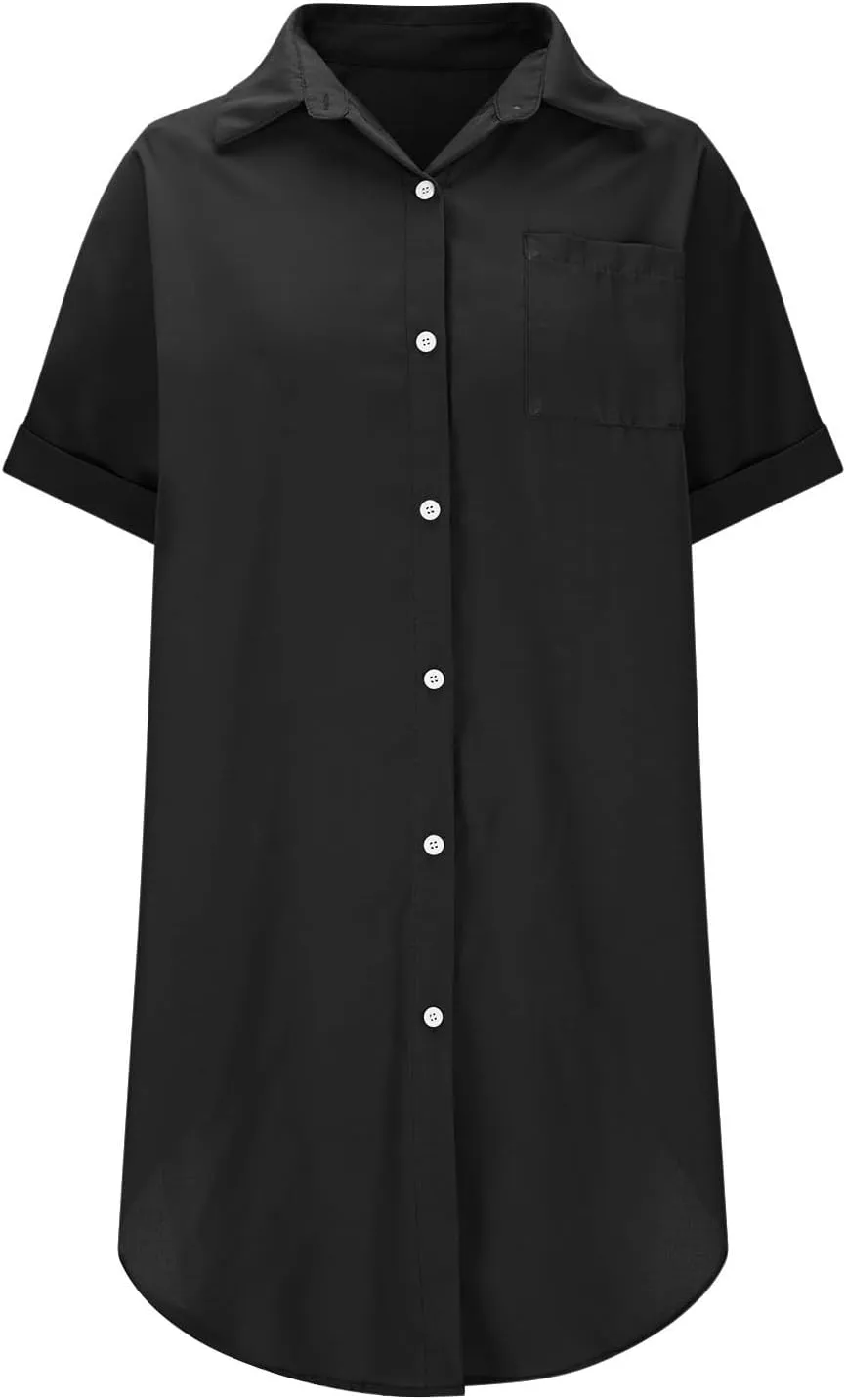 Summer Dresses for Women 2025,Button Down Shift Dresses Short Sleeve midi Dress Beach Vacation Clothes Shirt Dress