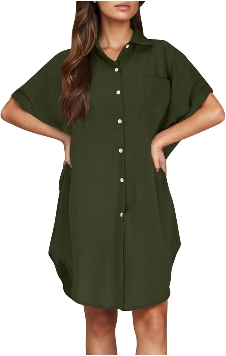 Summer Dresses for Women 2025,Button Down Shift Dresses Short Sleeve midi Dress Beach Vacation Clothes Shirt Dress