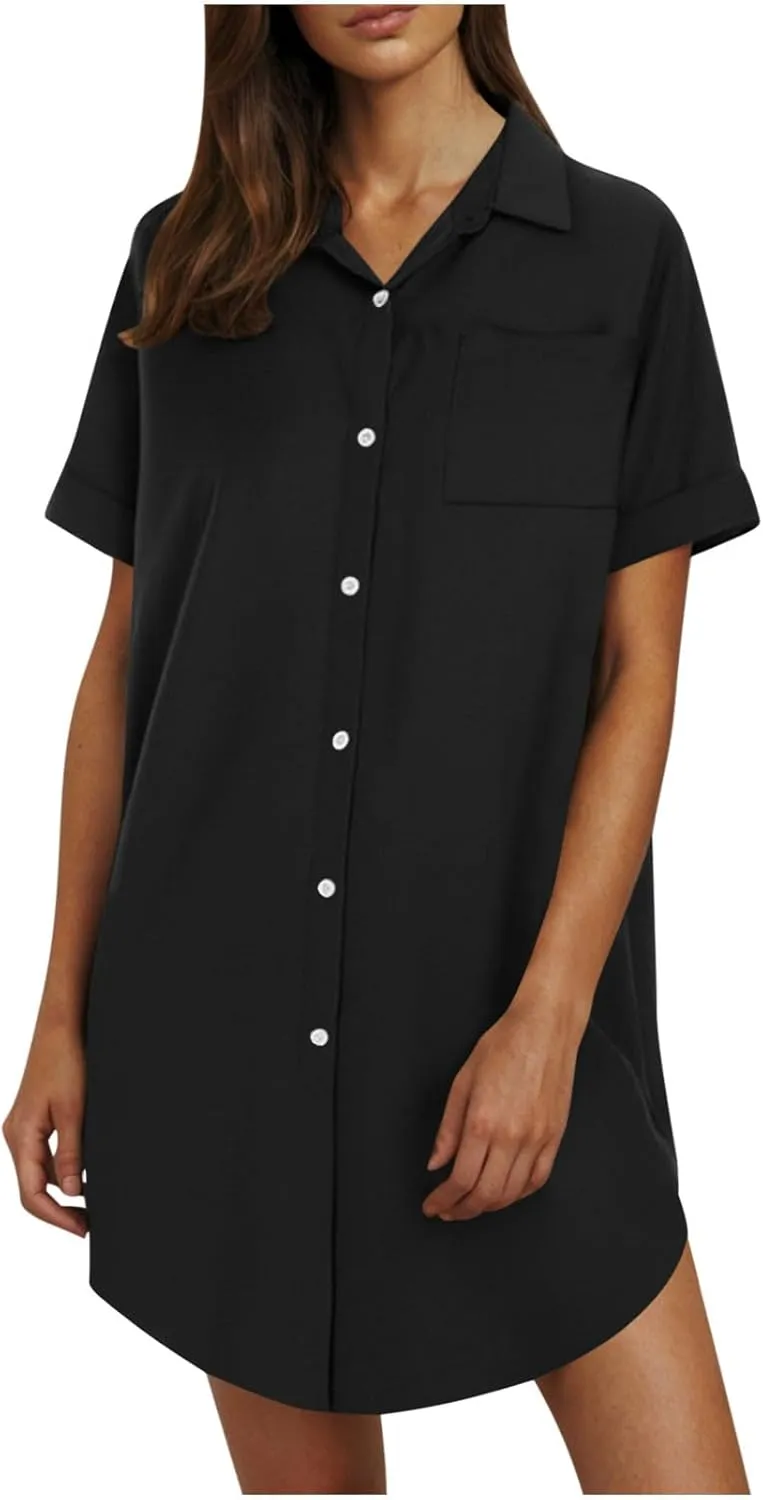 Summer Dresses for Women 2025,Button Down Shift Dresses Short Sleeve midi Dress Beach Vacation Clothes Shirt Dress