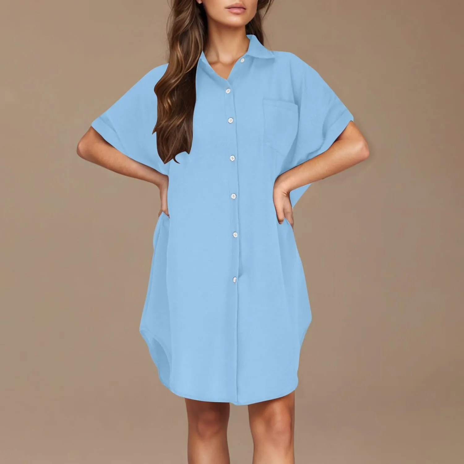 Summer Dresses for Women 2025,Button Down Shift Dresses Short Sleeve midi Dress Beach Vacation Clothes Shirt Dress