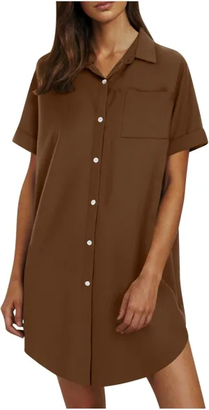 Summer Dresses for Women 2025,Button Down Shift Dresses Short Sleeve midi Dress Beach Vacation Clothes Shirt Dress