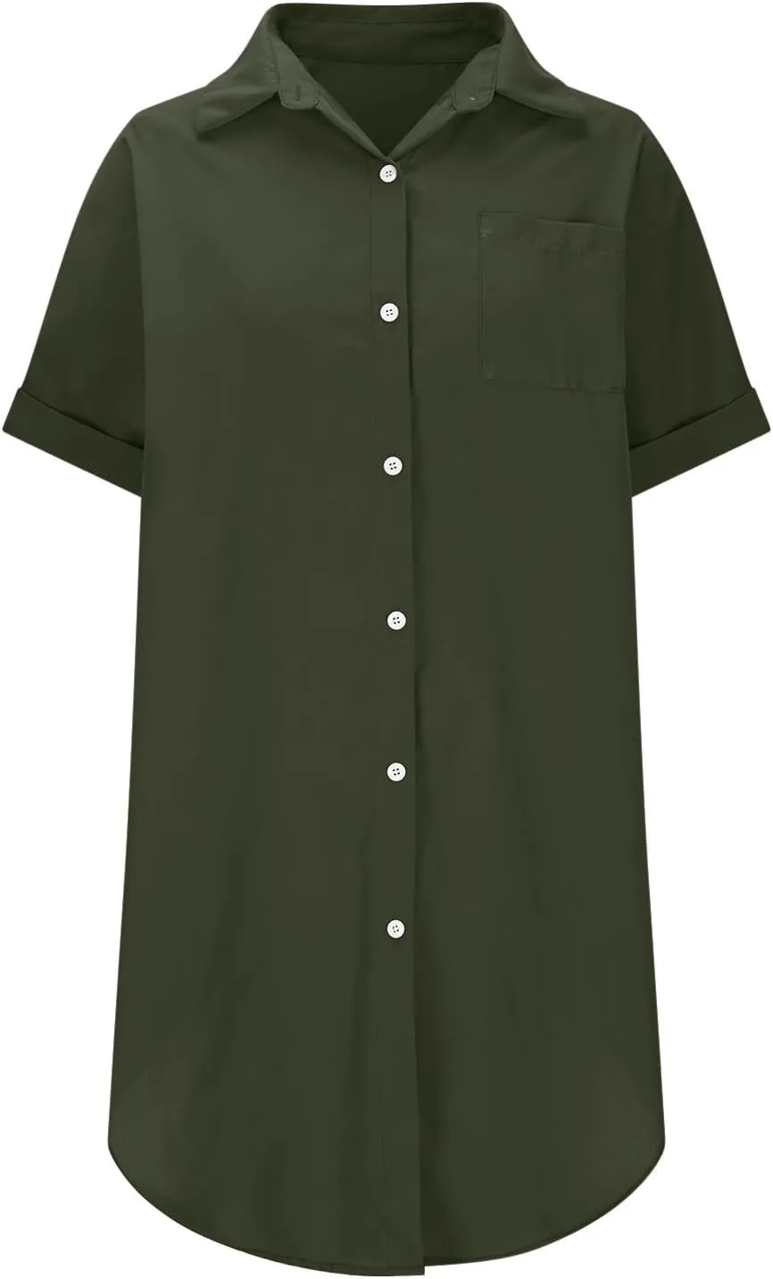 Summer Dresses for Women 2025,Button Down Shift Dresses Short Sleeve midi Dress Beach Vacation Clothes Shirt Dress