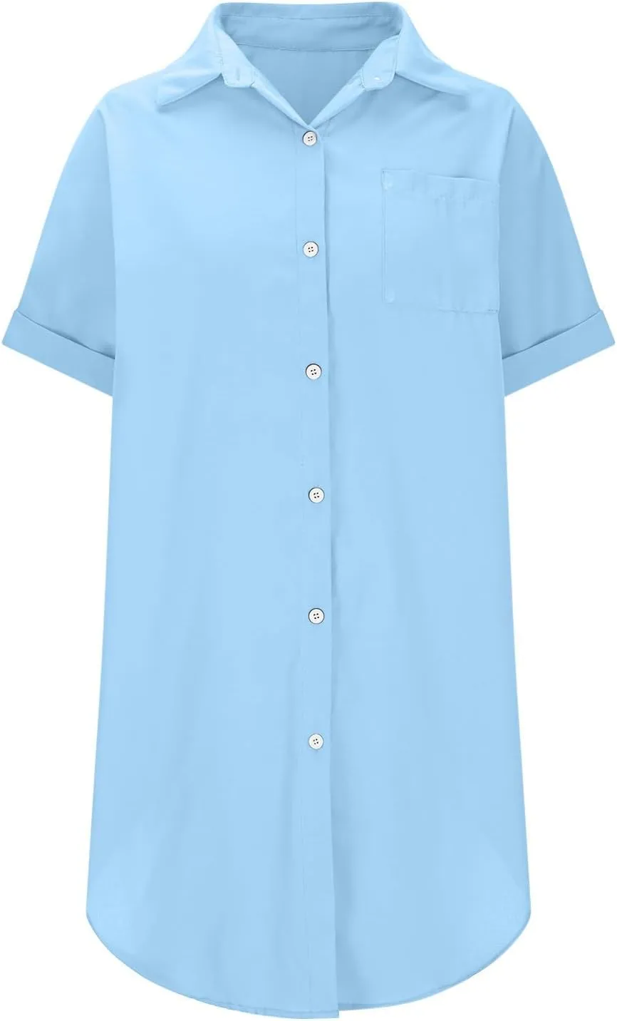 Summer Dresses for Women 2025,Button Down Shift Dresses Short Sleeve midi Dress Beach Vacation Clothes Shirt Dress
